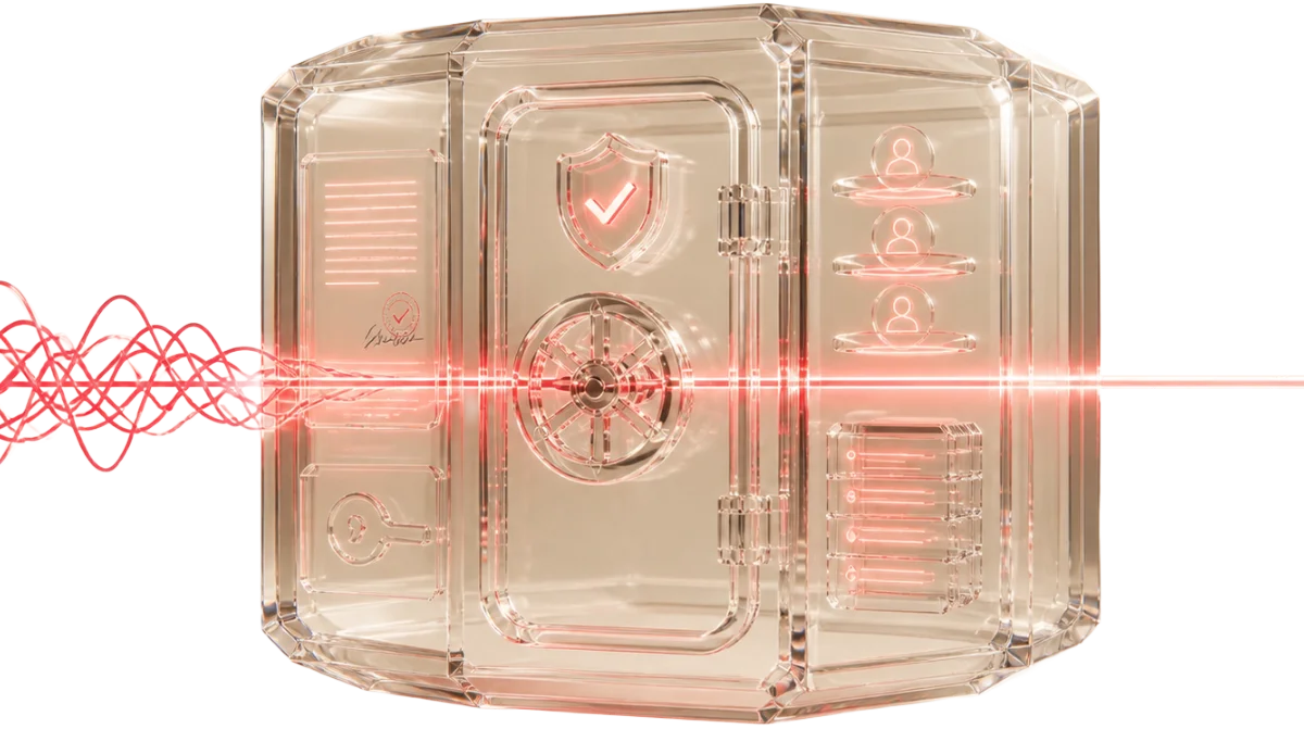 Glass safe with document and red laser representing FalsiFind's enterprise compliance and security posture