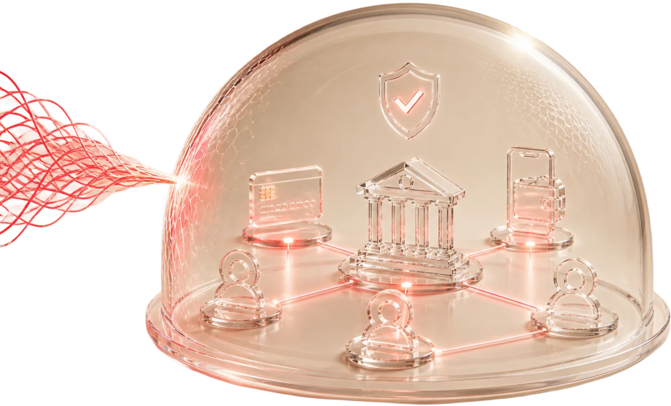 Protected financial network: glass dome shielding a bank with connected user figures representing secure, verified transactions